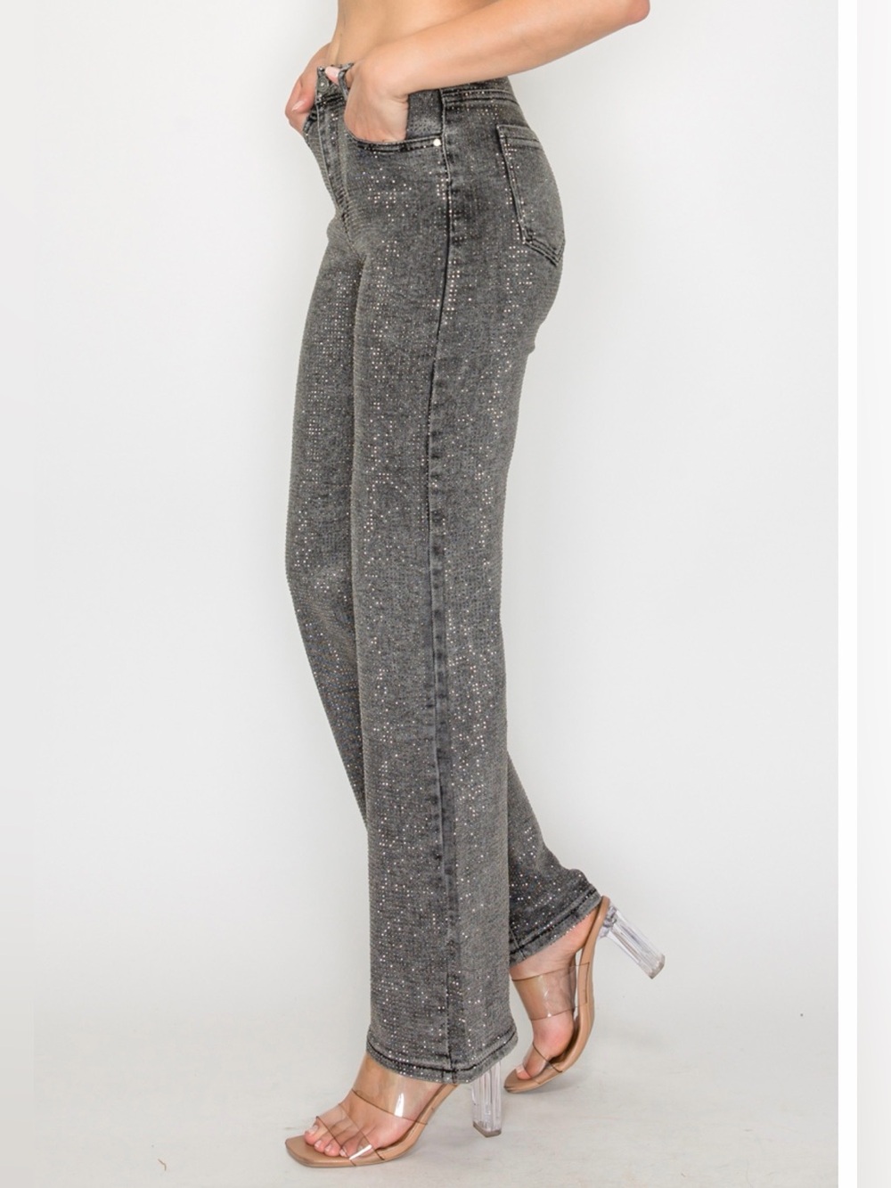 NINA ROSSI ✨ Sparkle 💖 Embellished Gem washed Gray Straight Leg Jeans SMALL